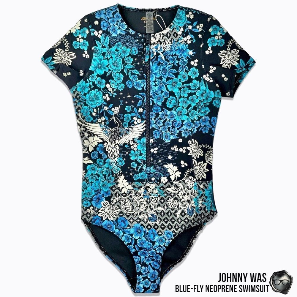 JOHNNY WAS BLUE-FLY NEOPRENE ONE PIECE SURF SWIMSUIT IN DARK LIGHT BLUE WETSUIT